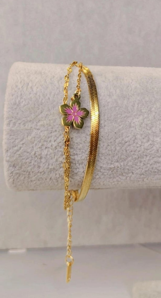 Gold Double-Layer Pink Flower Bracelet
