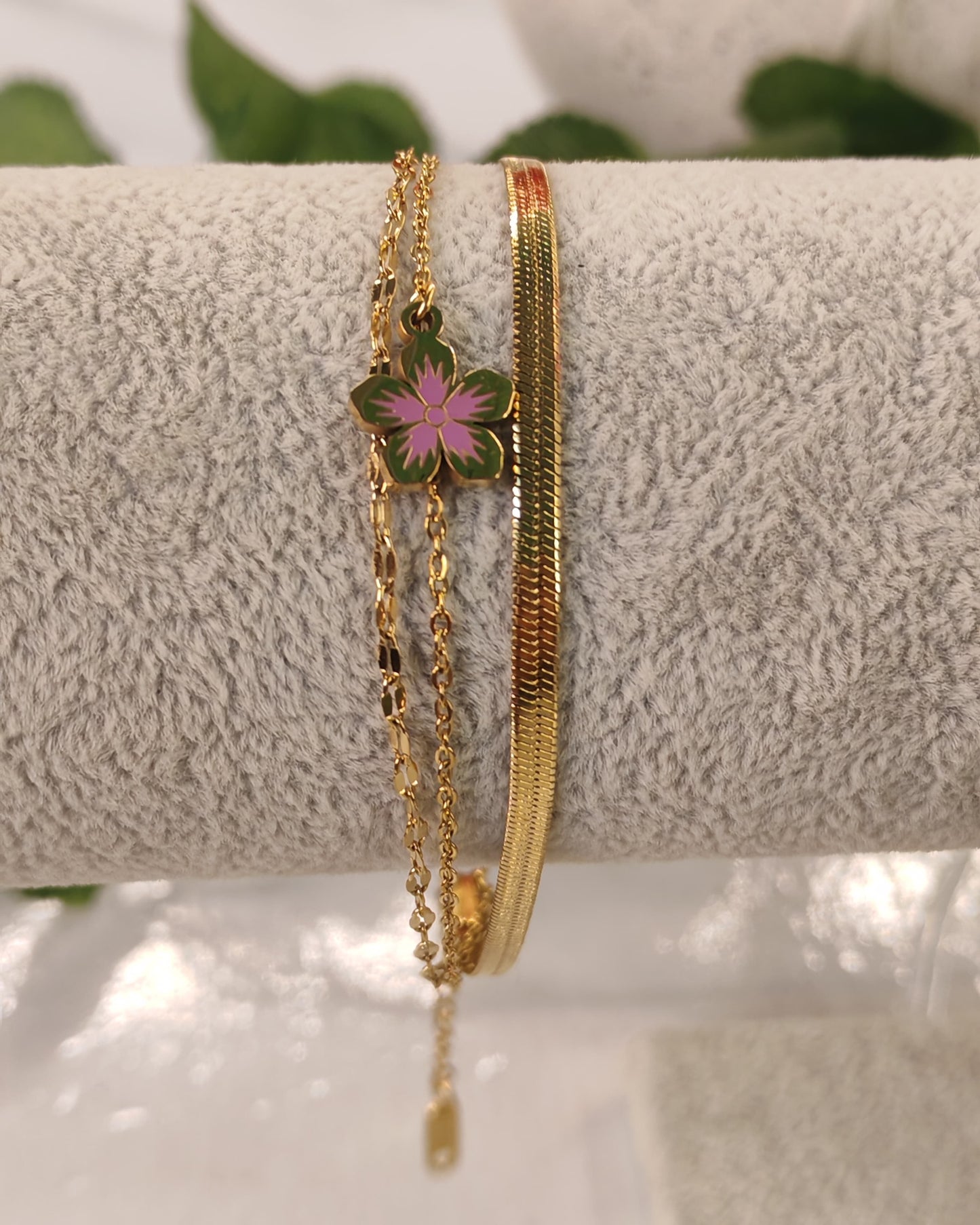 Gold Double-Layer Pink Flower  Bracelet