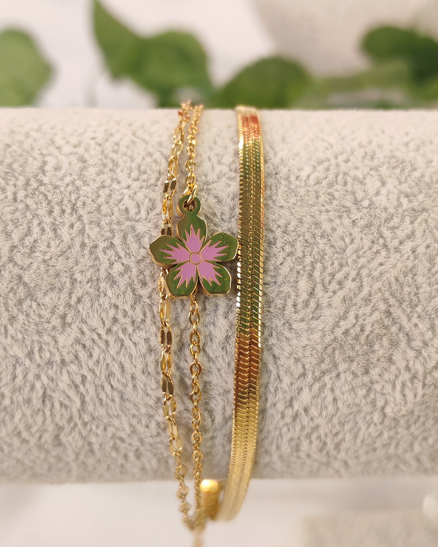 Gold Double-Layer Pink Flower  Bracelet