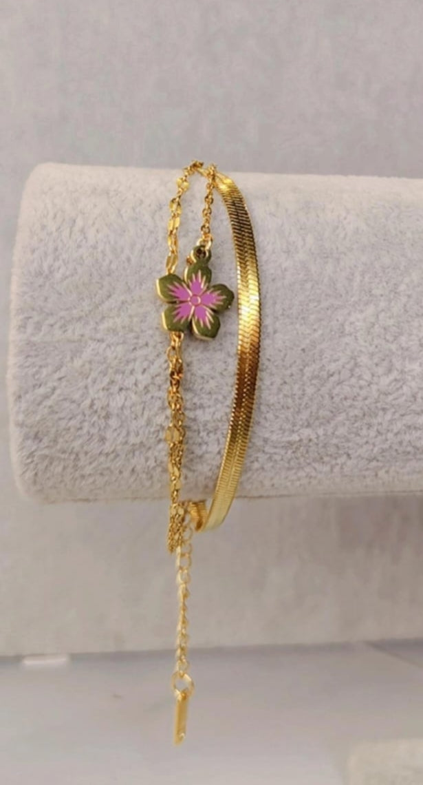 Gold Double-Layer Pink Flower  Bracelet