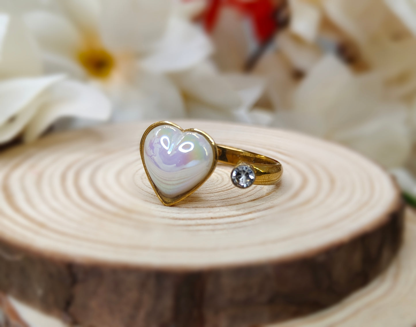 Pearly Heart Ring with Crystal Accent